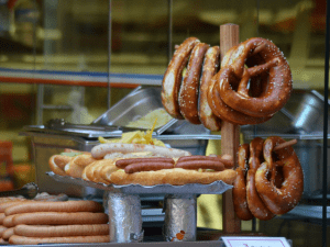 set of sausages and pretzels