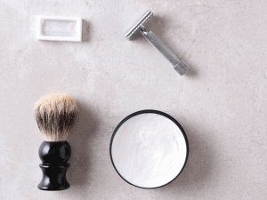 safety razor, cream and brush
