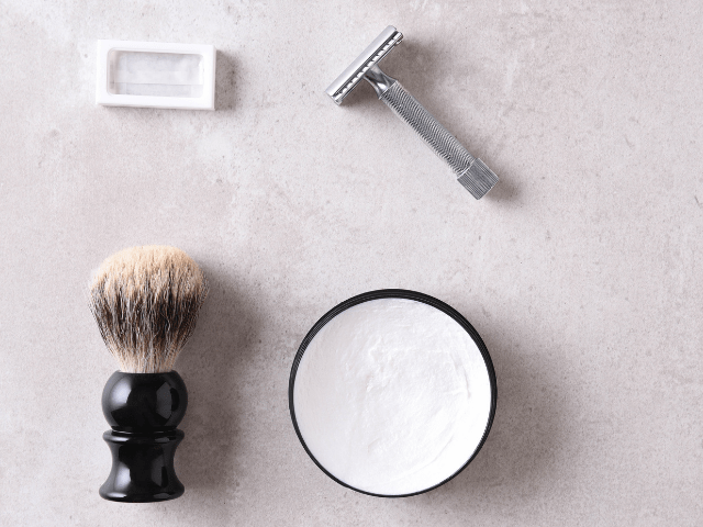 safety razor, cream and brush