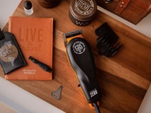 black hair brush on wooden table