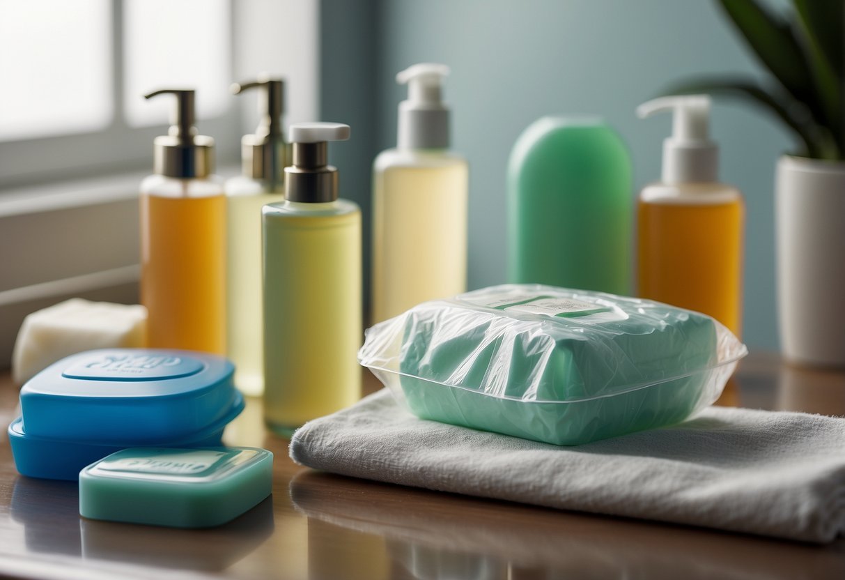 Toiletries neatly arranged in a clear, quart-sized plastic bag. Bar soap, toothpaste, and shampoo bottles visible