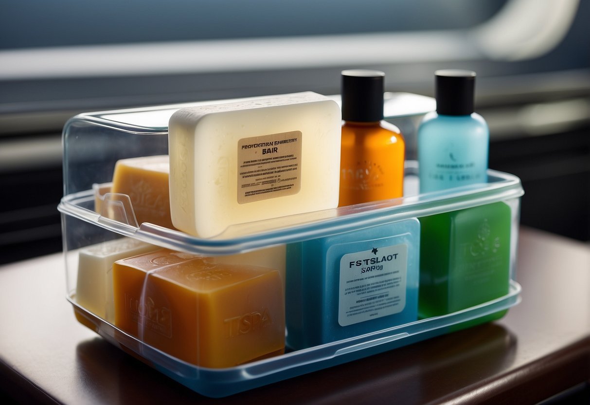 Various bar soaps arranged next to a clear plastic bag inside a carry-on suitcase, with a TSA regulation sign in the background