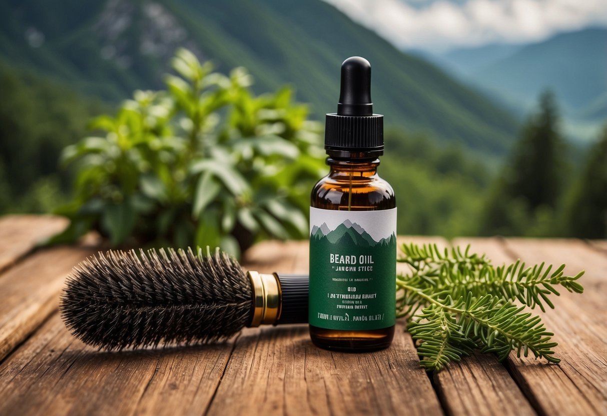 A bottle of beard oil sits next to a comb and brush on a wooden table, surrounded by lush green plants and a rugged mountain landscape in the background