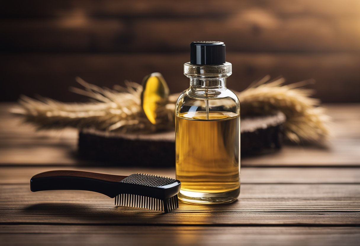 A bottle of beard oil and a comb sit on a wooden table, next to a mirror reflecting an unconnected patch of facial hair