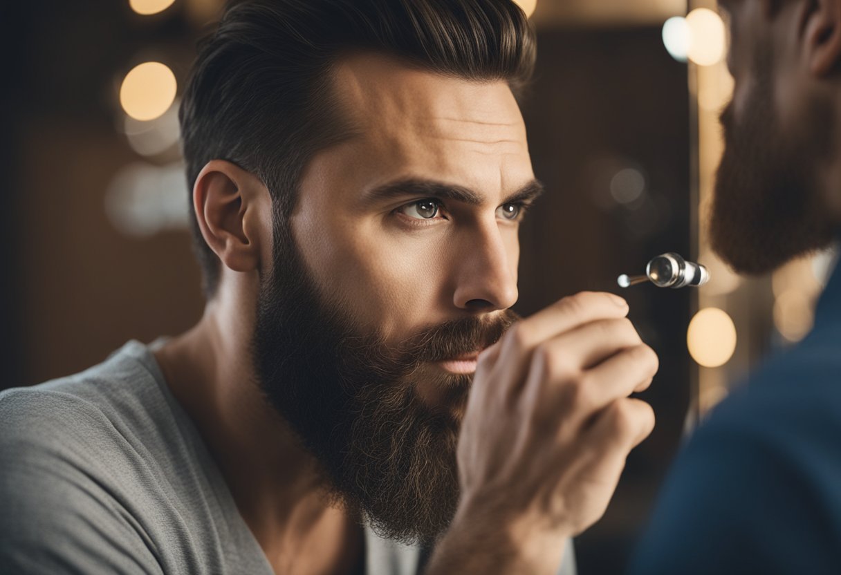 A man applying various oils and serums to his patchy beard, staring at his reflection with frustration