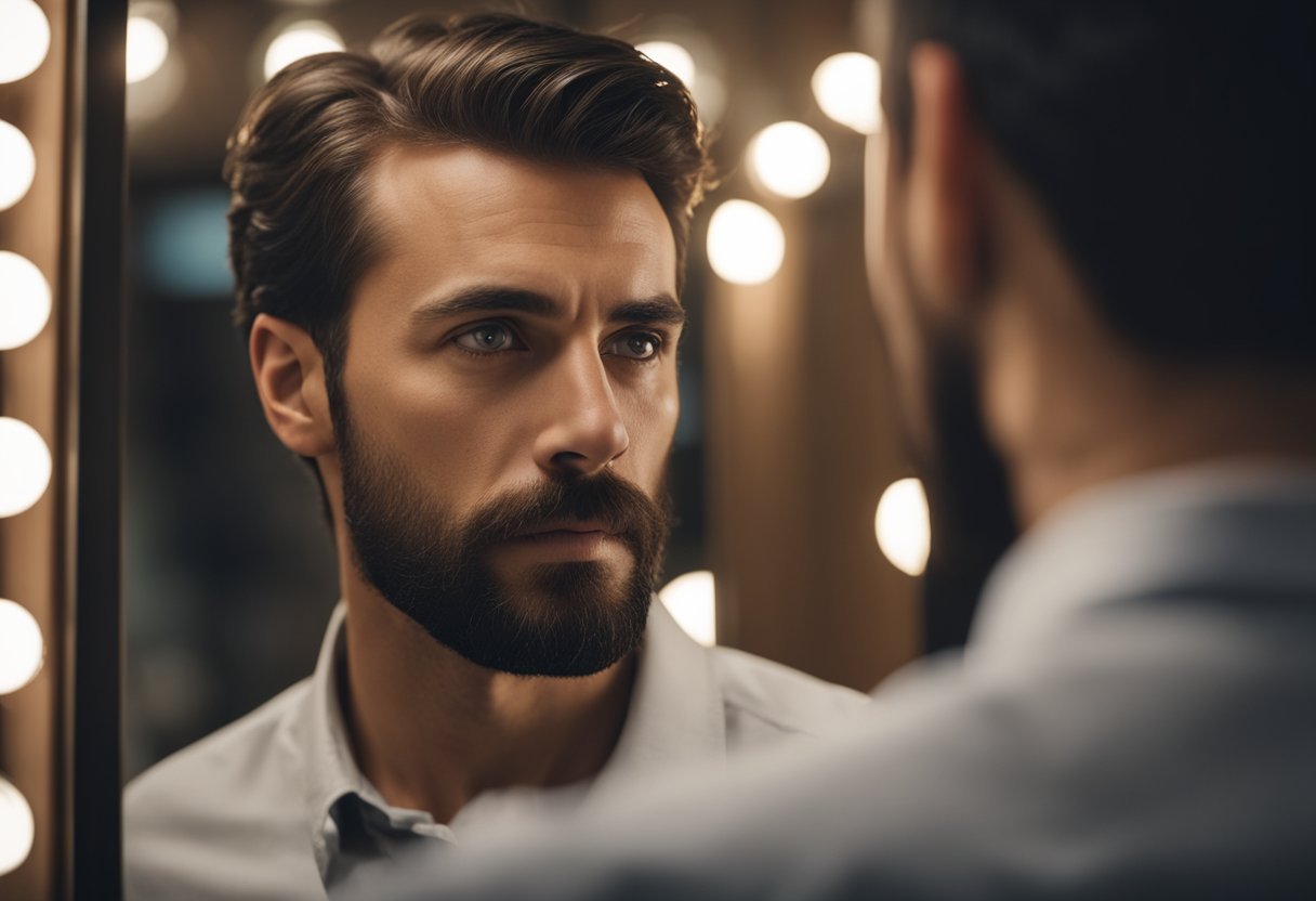 A man staring at a mirror, touching his patchy beard with a puzzled expression