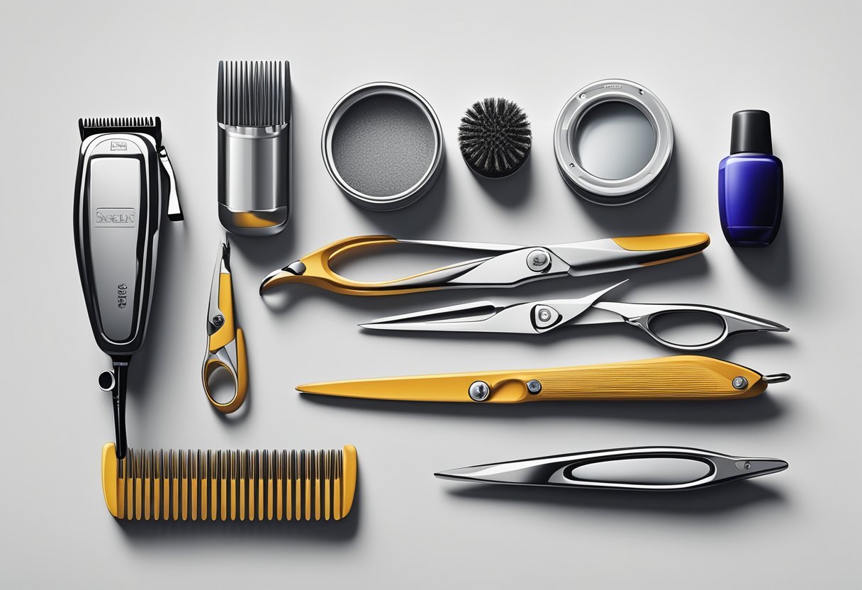 A barber's toolkit laid out on a clean, white countertop, including clippers, combs, and scissors, with a mirror in the background