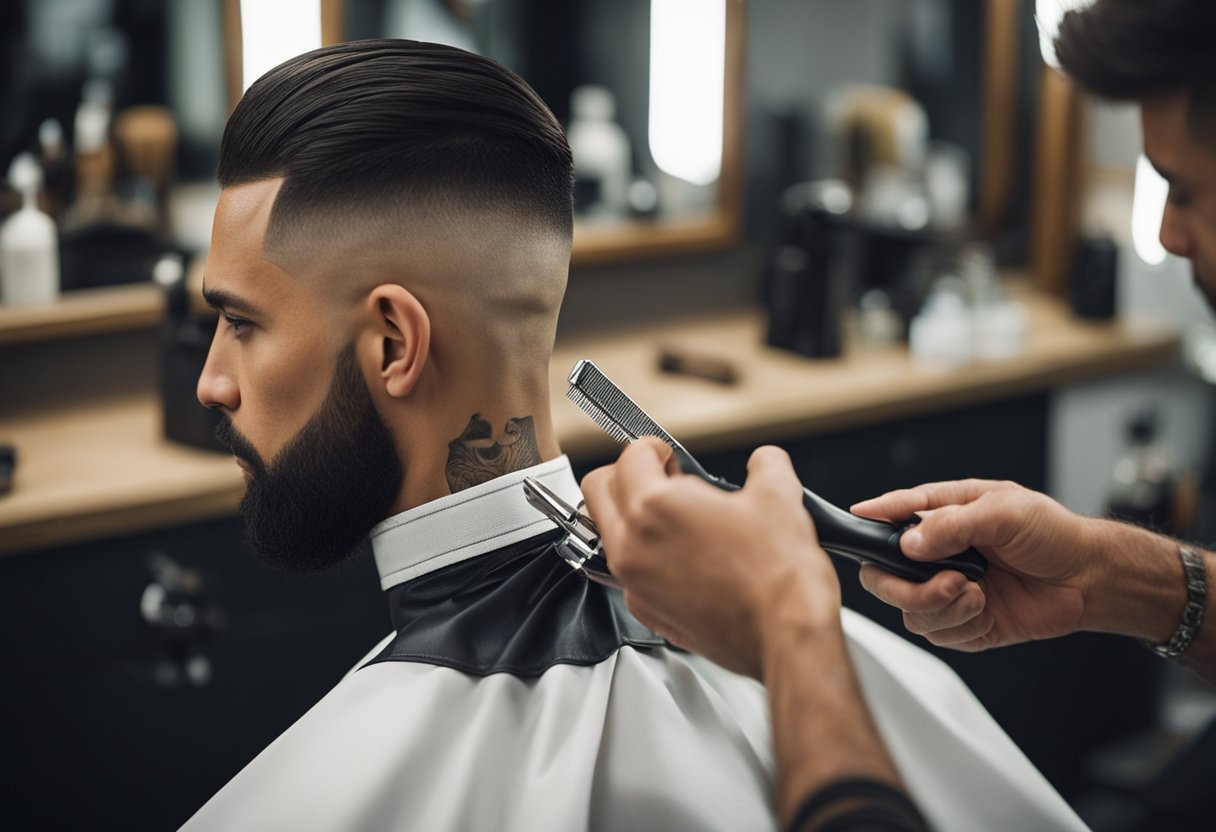 A barber carefully trims and blends hair to create a sleek taper fade haircut